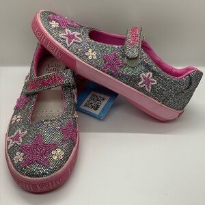 NWT GIRLS LELLI KELLY Mary Jane Style Sneakers Silver Glitter Beaded Size 2 (33)